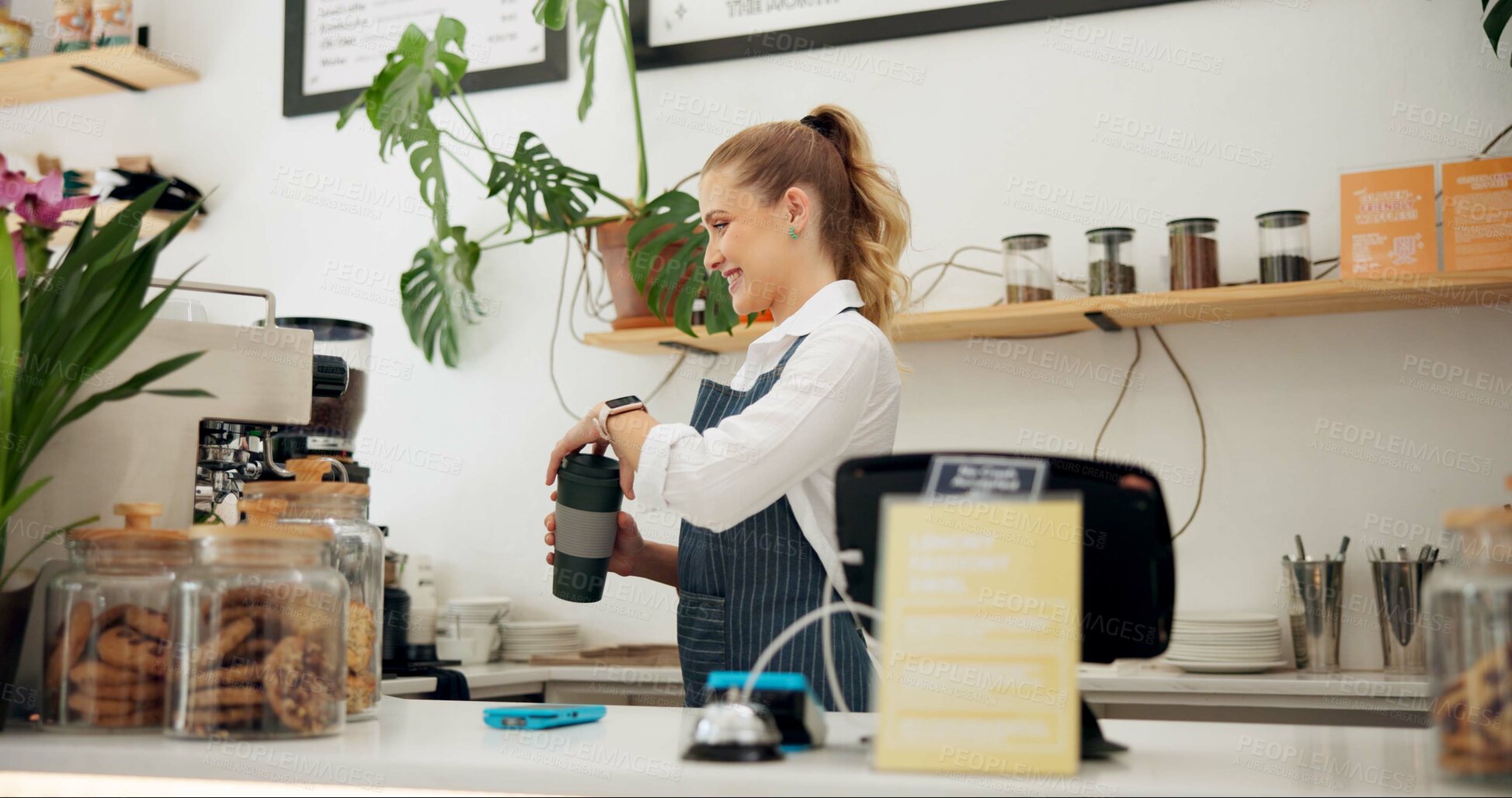 Buy stock photo Service, barista or customer with coffee shop or store for drinks or return at checkout counter in a cafe job. Reusable bottle, giving or waitress in small business restaurant with a woman or lady