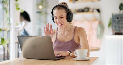 Buy stock photo Video call, laptop and woman in cafe for remote work interview, opportunity or virtual meeting. Happy entrepreneur or freelancer waves hello on computer and headphones for b2b planning in coffee shop