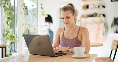 Buy stock photo Working, cafe and woman with laptop and remote work with smile of writer at coffee shop. Website, blog and writing article for social media with technology and email with digital job of entrepreneur