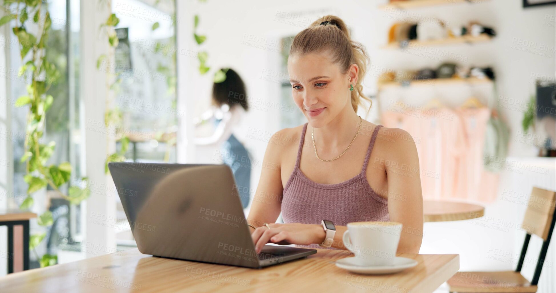 Buy stock photo Working, cafe and woman with laptop and remote work with smile of writer at coffee shop. Website, blog and writing article for social media with technology and email with digital job of entrepreneur