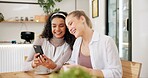 Friends, girl and selfie in coffee shop with smile for social media and online memory by table. Young people, vlogger or influencer in profile picture at small business cafe or restaurant for review