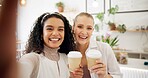 Woman, friends and selfie with coffee in cafe together, memory and capture photography in restaurant. Online vlog, internet post and happy smile with cappuccino, bonding pov and gen z influencer