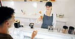 Woman, ice cream and customer with service, gelato and smile with giving dessert at restaurant. Helping, server and waitress with working in for vanilla, cone and snack at counter with staff