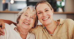 Portrait, sofa and mature mother with daughter happy together for bonding, relationship and love. Family, home and senior mom with woman in living room for conversation, talking and relax on weekend