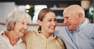 Buy stock photo Senior parents, daughter and happy home in couch for love, support and care with trust. Parent, living room and smile in couch for bonding, love and comfort as family with retirement or pension