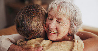 Buy stock photo Woman, love and hug senior mom in home for mothers day, bonding and visit in retirement with care or happy. Person, smile and embrace with elderly parent for reunion, comfort and affection in hospice