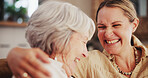 Happy, sofa and senior mother with daughter laughing together for bonding, relationship and love. Family, home and mature mom with woman in living room for conversation, talking and relax on weekend