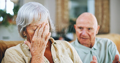 Buy stock photo Senior couple, talking and angry for conflict or fighting at home, stress and toxic relationship or marriage. Old people, speaking and frustration for divorce or breakup, unhappy and jealousy or fail