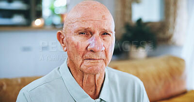 Buy stock photo Senior man, sad and portrait on sofa with depression, lost and stress with anxiety in living room at house. Elderly person, grief and fatigue with dementia on couch for mental health at nursing home