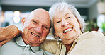 Senior couple, portrait and hug for love in home, together and commitment to marriage or affection. Elderly people, embrace and care for relationship connection, security and support or trust on sofa