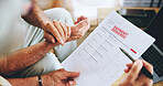 Senior, couple and hands with document for bills with debt, budget account and financial planning in home. Elderly, people and paperwork for mortgage loan with warning or inflation in living room