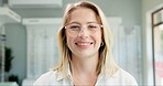 Smile, optometry and portrait of woman with glasses for vision, eye health and wellness in store. Happy, ophthalmology and face of female person with prescription lens spectacles in optical clinic.