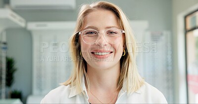 Buy stock photo Smile, optometry and portrait of woman with glasses for vision, eye health and wellness in store. Happy, ophthalmology and face of female person with prescription lens spectacles in optical clinic.