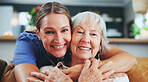 Happy woman, portrait and hug with senior patient in elderly care, love or nursing at retirement home. Female person, nurse or caregiver with smile for embrace, healthcare or bonding at old age house