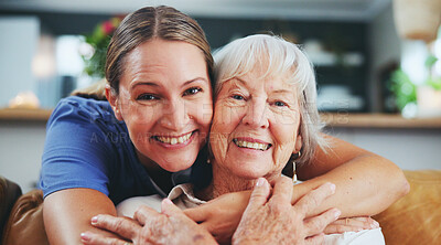 Buy stock photo Happy woman, portrait and hug with senior patient in elderly care, love or nursing at retirement home. Female person, nurse or caregiver with smile for embrace, healthcare or bonding at old age house