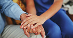 People, holding hands and help for healthcare with love, care and trust. Patient, caregiver and nurse with kindness or compassion and medical therapy for empathy, respect and support or assist