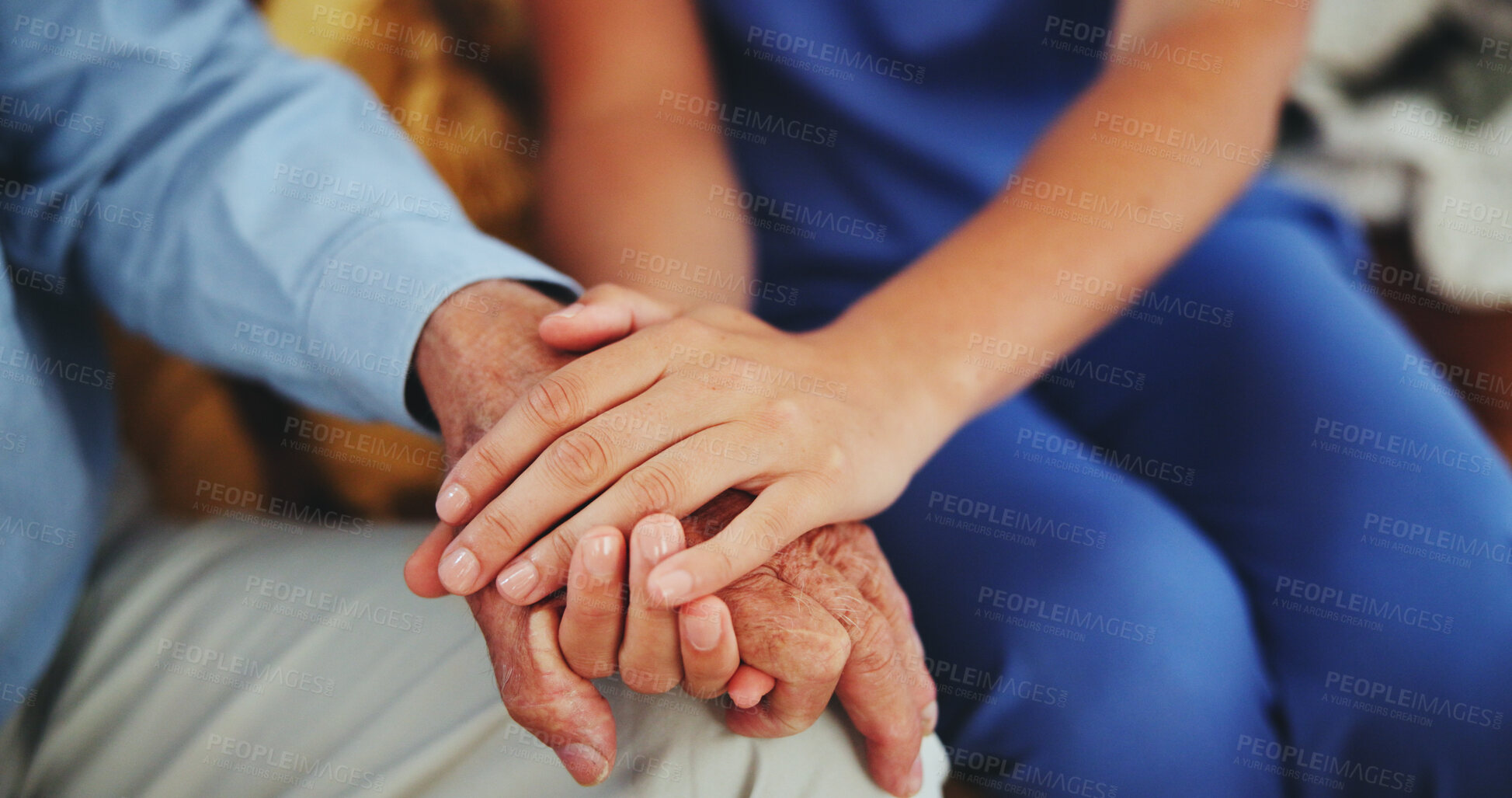 Buy stock photo People, holding hands and help for healthcare with love, care and trust. Patient, caregiver and nurse with kindness or compassion and medical therapy for empathy, respect and support or assist