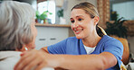 Senior, woman and smile with nurse for support in nursing home for assistance, gratitude and service. Elderly patient, caregiver and happy with embrace for helping hand, kindness and help in hospice