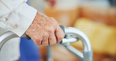 Buy stock photo Hand, senior person and walking frame with balance, recovery and mobility exercise in house. Elderly patient, steps and rehabilitation for injury, stroke or osteoporosis with healing in nursing home