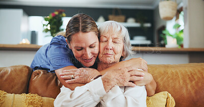 Buy stock photo Happy woman, nurse and hug with senior patient in elderly care, love or nursing at retirement home. Calm female person or caregiver with smile for embrace, healthcare or support at old age house