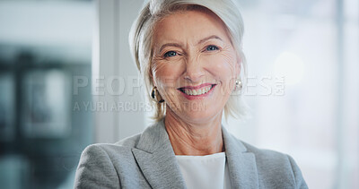 Buy stock photo Happy, office and portrait of mature woman with positive attitude for leader in legal career. Smile, confident and female attorney ceo  from Canada with pride for corporate law in workplace.