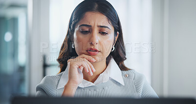 Buy stock photo Thinking, confused and woman with laptop in office reading company policy review for project. Planning, research and female advocate with computer for legal ideas with corporate law case in workplace