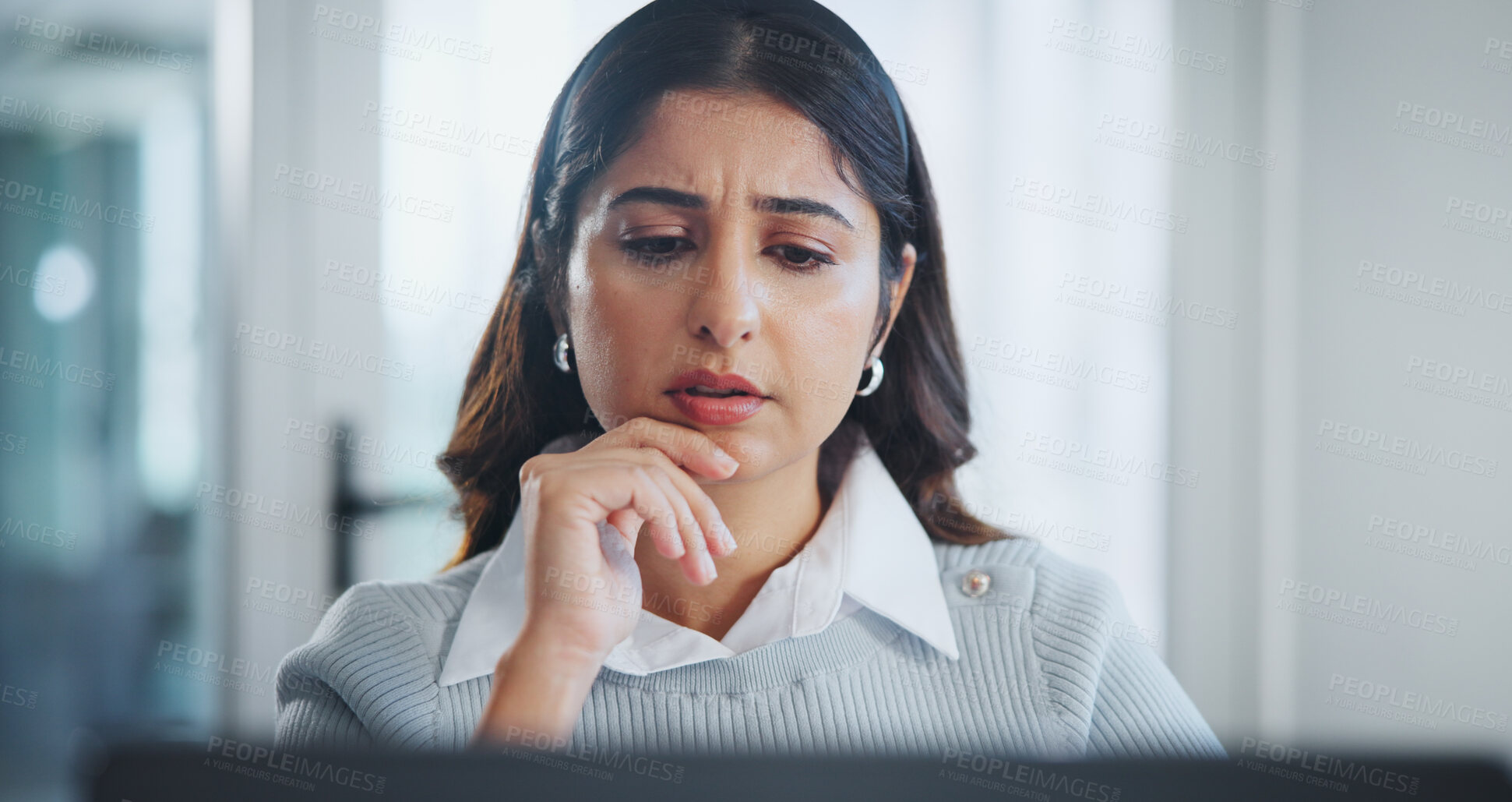 Buy stock photo Thinking, confused and woman with laptop in office reading company policy review for project. Planning, research and female advocate with computer for legal ideas with corporate law case in workplace