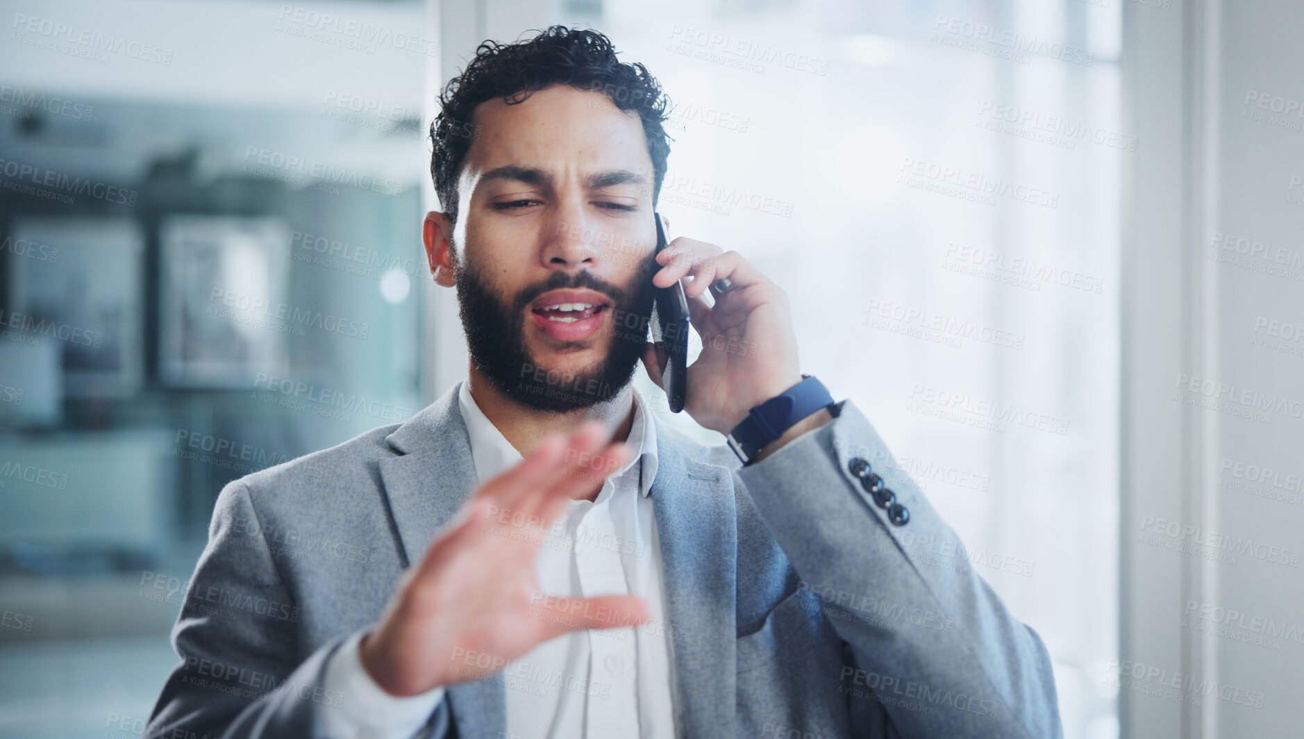 Buy stock photo Communication, businessman and phone call talking in office for networking or corporate discussion. Male person, mobile conversation or difficult negotiation for company project and consulting