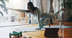 Girl, living room and stretching with tablet for yoga or online class, personal blog and content creation for internet. Woman, pose and calm in home for peace or mindset, exercise and mental health.