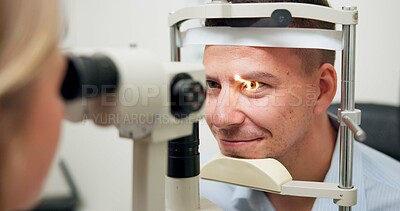 Buy stock photo Optometrist, patient and assessment in clinic for eye exam, optometry and vision with ophthalmoscope. Specialist, man and machine in hospital for wellness, healthcare or ophthalmology for glaucoma