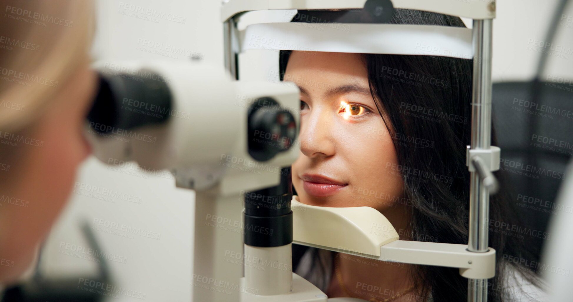 Buy stock photo Woman, optometry and slit lamp in clinic for test, vision or exam for wellness assessment with health. Doctor, optician and patient by machine, light and laser for retina scan with lens for eye care