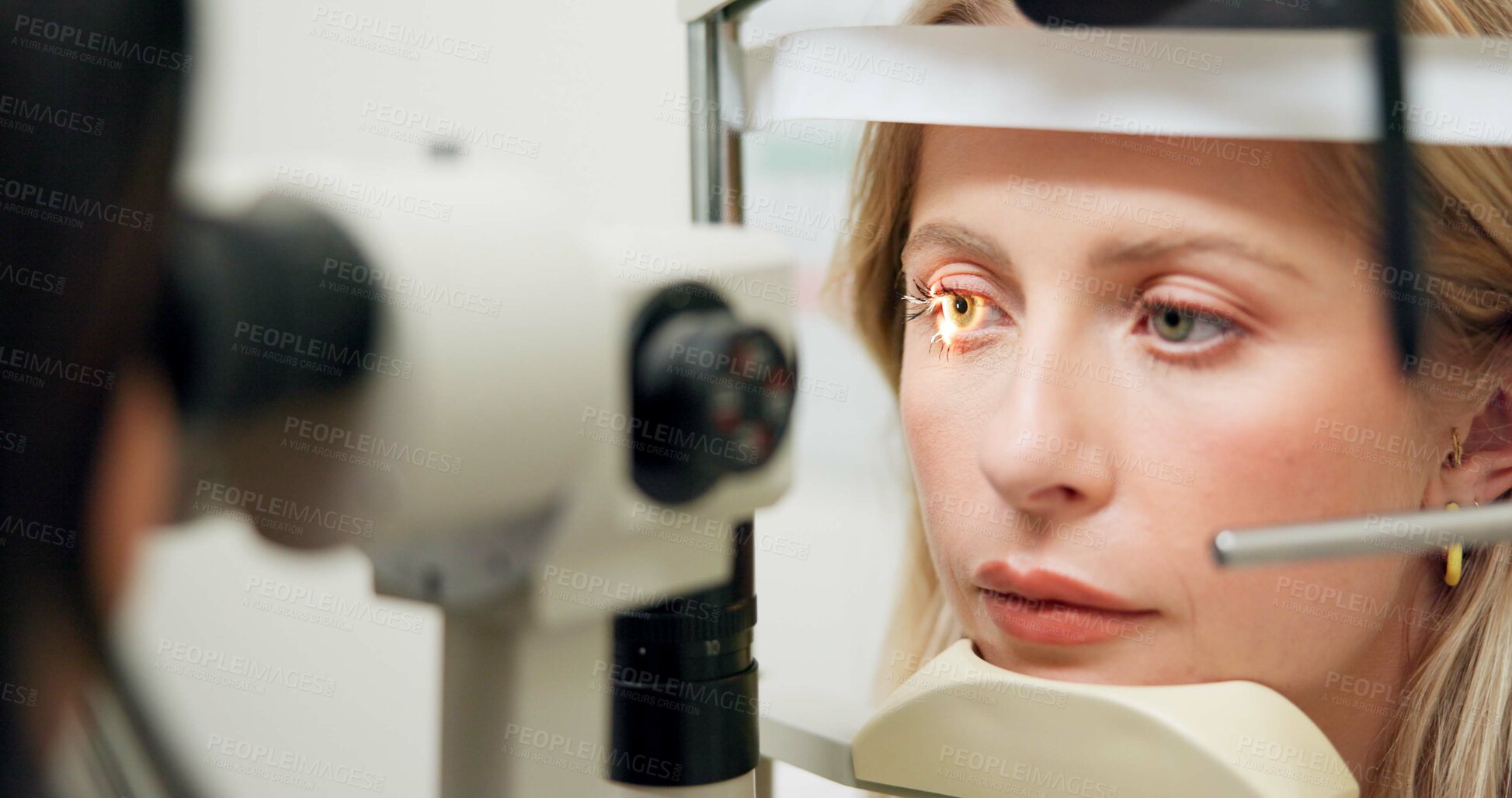 Buy stock photo Woman, optometry and slit lamp for vision, test and care in wellness assessment with health at clinic. Doctor, optician and patient by machine, light and laser for retina scan with lens for eye exam