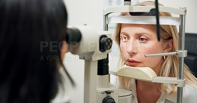 Buy stock photo Woman, optometry and slit lamp with machine, vision or care in wellness assessment for eyesight at clinic. Person, check and patient for health, light and laser for retina scan with lens for eye exam