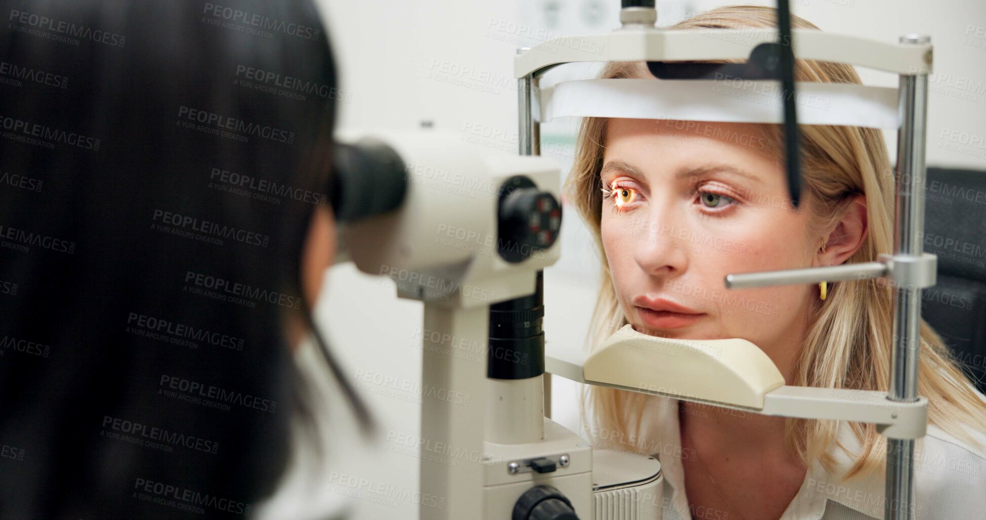 Buy stock photo Woman, optometry and slit lamp with machine, vision or care in wellness assessment for eyesight at clinic. Person, check and patient for health, light and laser for retina scan with lens for eye exam