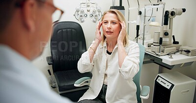 Buy stock photo Hospital, doctor and woman in consultation, eye exam and explaining to patient, optometry and diagnosis. Office, person and test for eyecare in clinic, talking and appointment of healthcare or vision