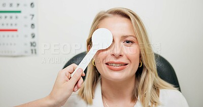 Buy stock photo Vision, cover and woman in portrait for eye exam, optometrist and test for depth perception in office. Healthcare, insurance and female patient with specialist for health, checkup and wellness