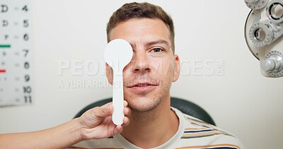 Buy stock photo Cover, vision and man in portrait for eye exam, optometrist and test for depth perception in office. Healthcare, insurance and male patient with specialist for health, checkup and wellness at consult