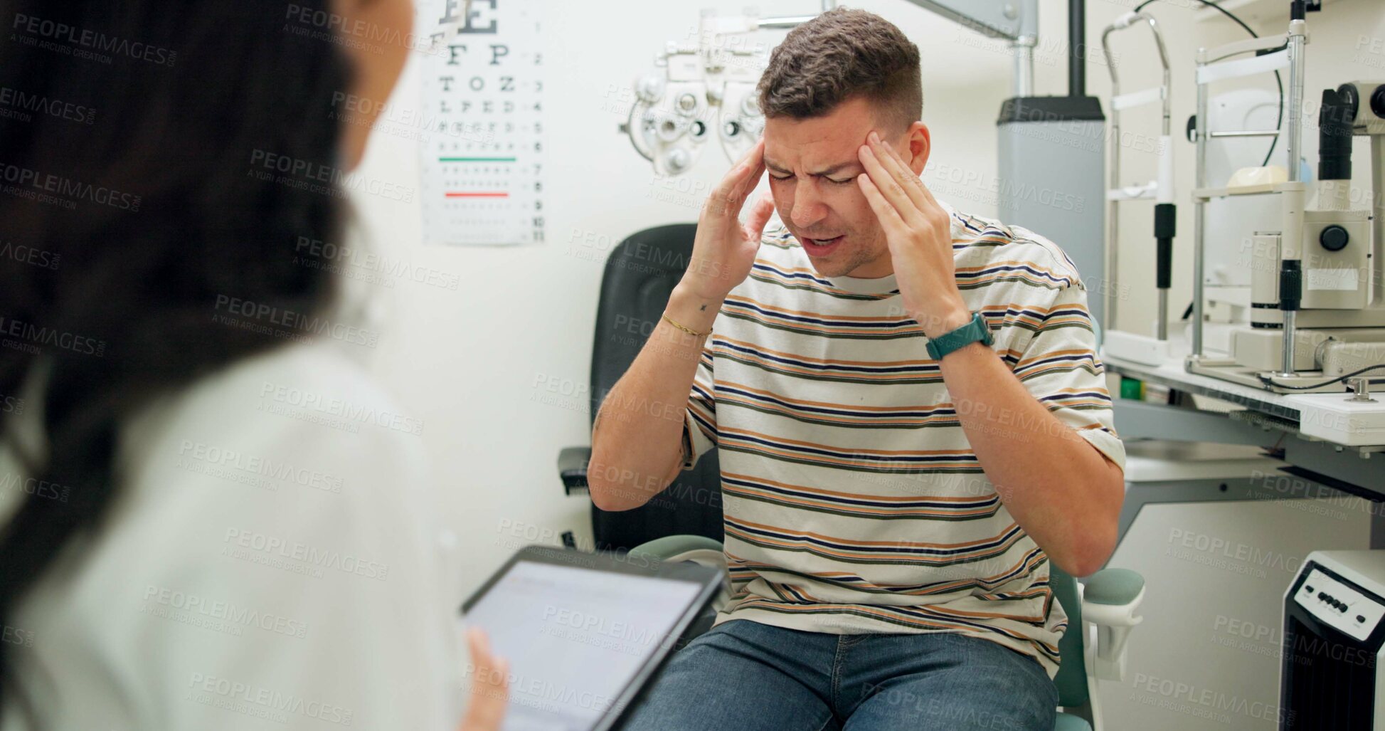 Buy stock photo Optometrist, eye strain and consultation for health and wellness assessment for optical support. Tablet, doctor and conversation with headache of patient ready for sight checking on medical machine  