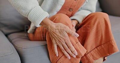 Buy stock photo Medical, knee pain and senior person with arthritis, osteoporosis and fibromyalgia on sofa. Home, hands and woman with joint massage for relief, muscle tension and accident or injury in retirement