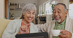 Tablet, laughing and senior couple on couch with retirement meme and streaming comedy film in home. Interracial marriage, elderly man and woman with tech on sofa for funny gif and reading silly story