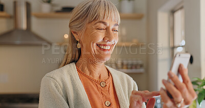 Buy stock photo Home, happy and elderly woman with phone for news website, network and learning on technology. House, internet and senior person with smartphone for digital media, information or online communication