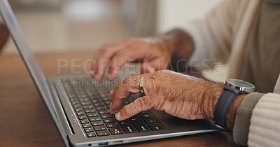 Buy stock photo Senior hands, laptop and typing at table, working or download on Internet for retirement budget. Person, fingers and computer at desk for online research, email plan for financial wellness at home