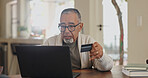 Credit card, retirement or old man banking on laptop, internet or web for mortgage, bills or payment in home. Senior, ecommerce or elderly person for online shopping deal or investment plan research