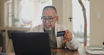 Credit card, retirement or old man banking on laptop, internet or web for mortgage, bills or payment in home. Senior, ecommerce or elderly person for online shopping deal or investment plan research