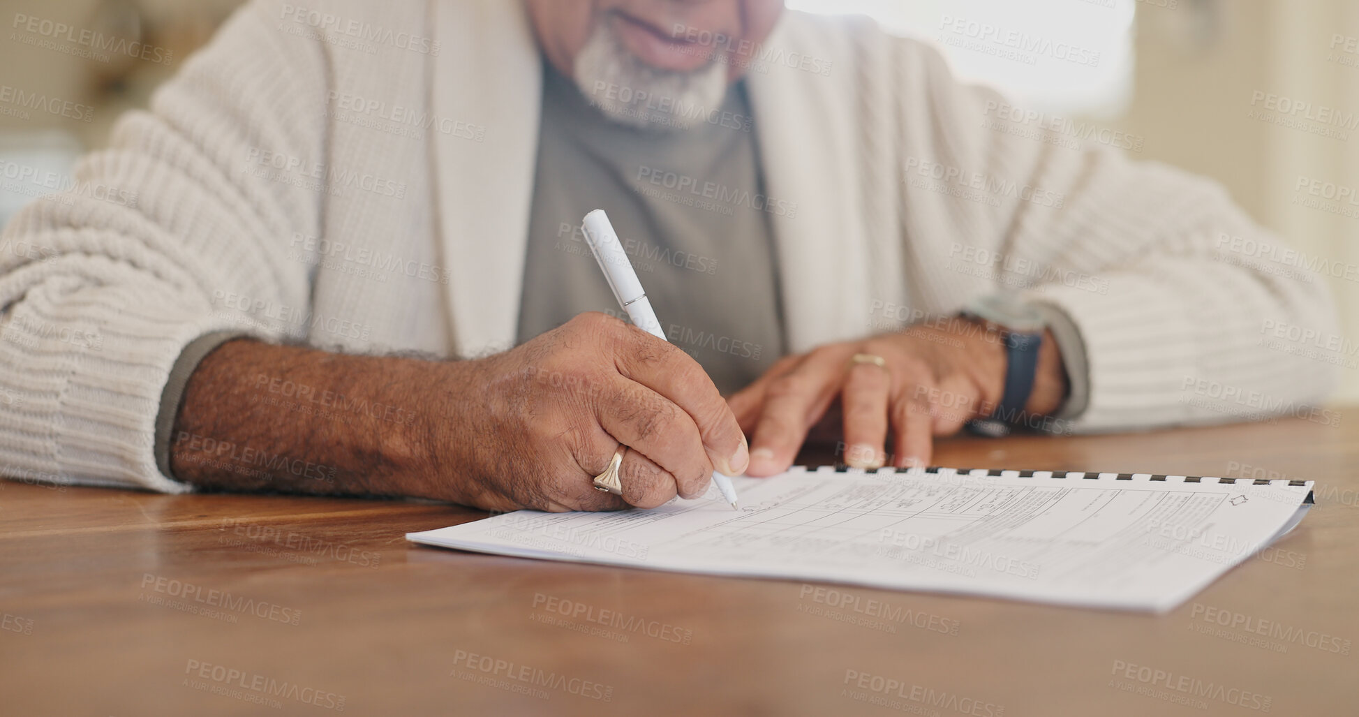 Buy stock photo Home, writing and old man with documents, hands and folder for retirement plan, signature and form. Closeup, apartment and life insurance paperwork, legal agreement and pensioner with application