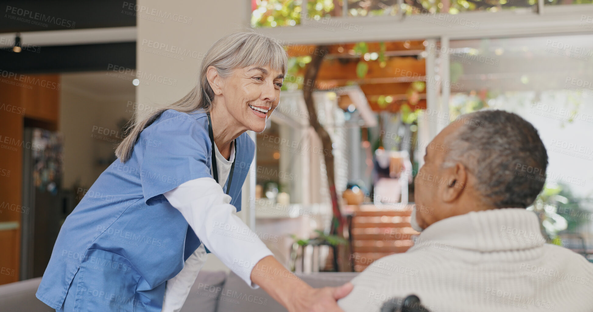 Buy stock photo Senior care, support or hand of nurse with old man for healthcare service, wellness or empathy. Wheelchair, disability advice and caregiver helping for comfort or patient for medical check or nursing