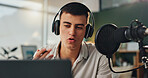 Podcast microphone, headphones and man talking for broadcast with audio recording and virtual discussion for online talk show. Gen z guy, home studio and radio presenter with speaking for news update
