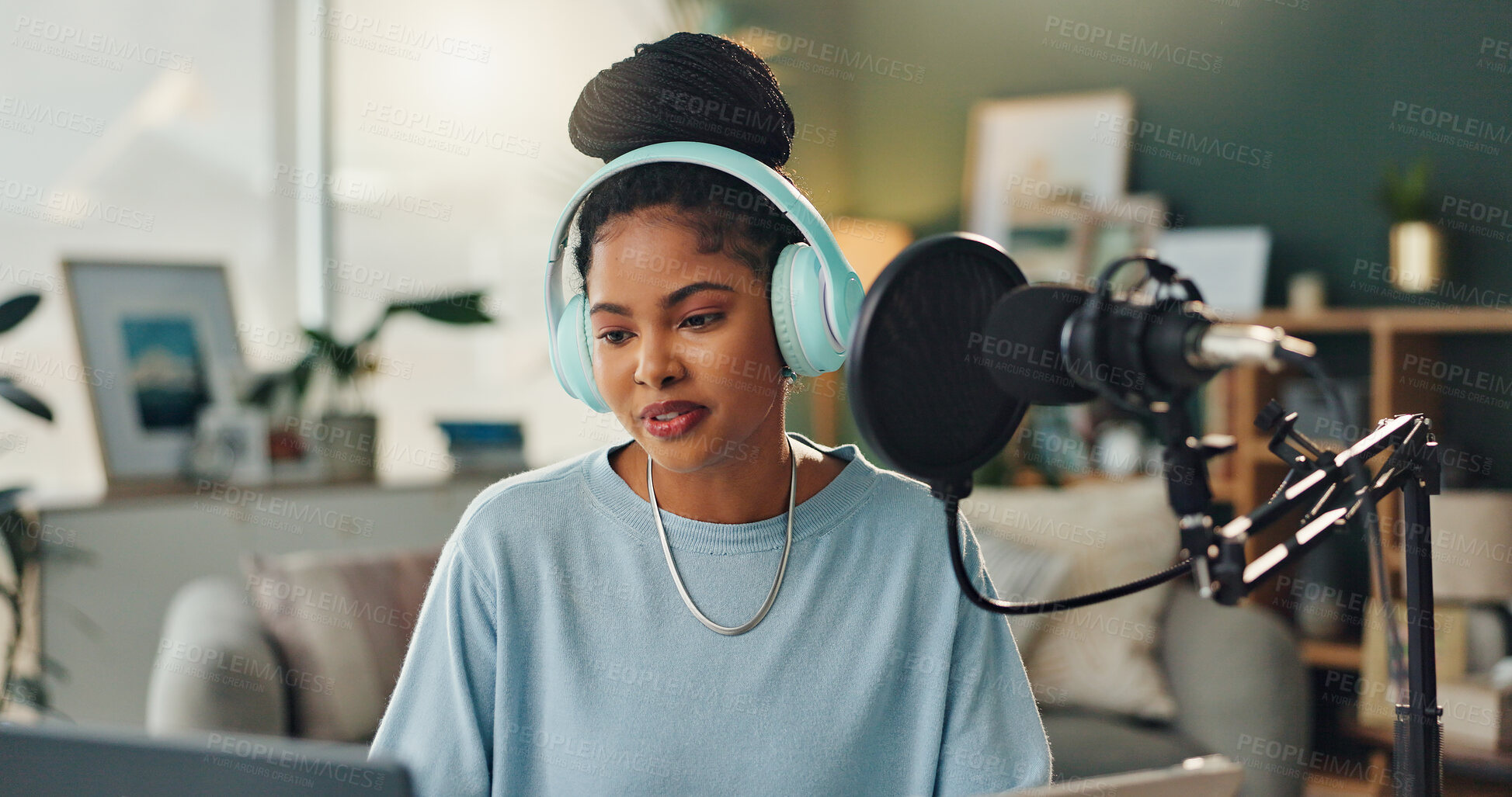 Buy stock photo Woman, house and broadcast with microphone for radio, communication or podcast on air. Female presenter, live streaming and headphones for music playlist, home office with gear for audio talk show