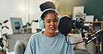 Podcast microphone, headphones and black woman talking for broadcast with audio recording and hosting show. Gen z, African girl and radio dj with virtual interview in home studio for online audience