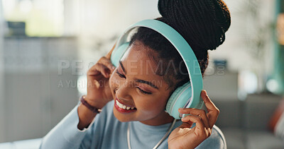 Buy stock photo Smile, dance and woman with music in headphones for online radio, subscription and listening to audio. Home, female person and happy with technology for sound, entertainment and streaming service